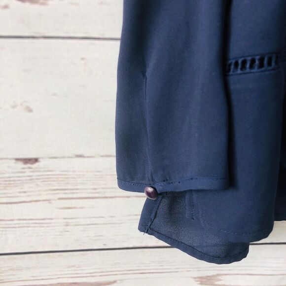 PLEIONE Womens Navy Blue Tunic Long Sleeve Small Eyelet Semi Sheer - Picture 6 of 6